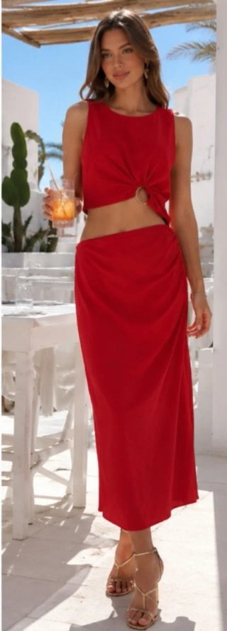 Vestido Zara rojo crop top y falda