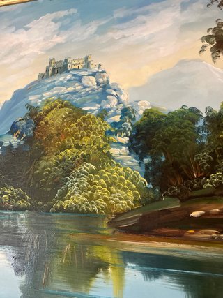 Cuadro clásico paisaje lago castillo
