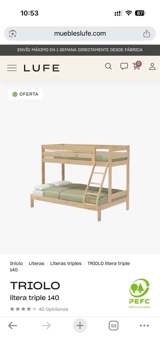 Litera LUFE triple madera 140x200 + 92x200