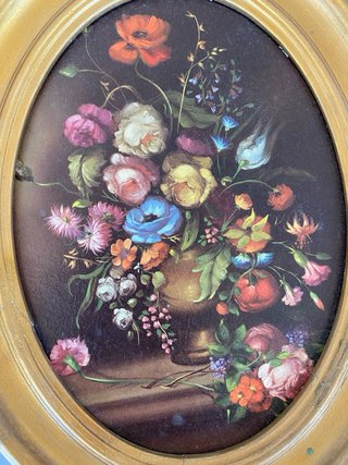Cuadro bodegón floral antiguo ovalado