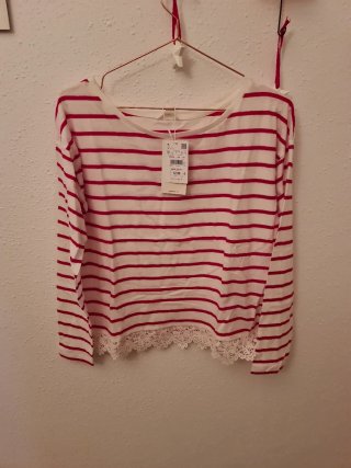 Camiseta algodón rayas encaje