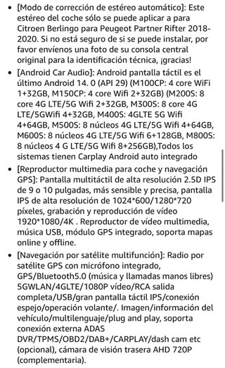 Pantalla CarPlay Citröen, Berlingo y Peugeot Parne