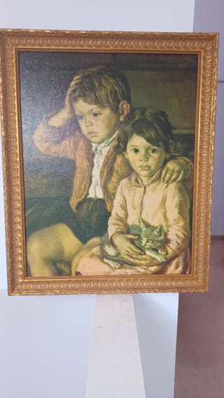Cuadro al óleo: Niños con gatito..