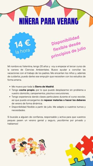 Niñera para Verano en la Sierra de Madrid