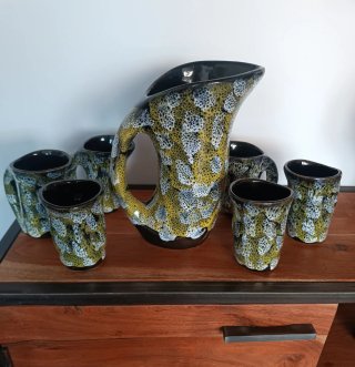JARRA Y 6 VASOS CERAMICA VINTAGE