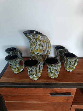 JARRA Y 6 VASOS CERAMICA VINTAGE