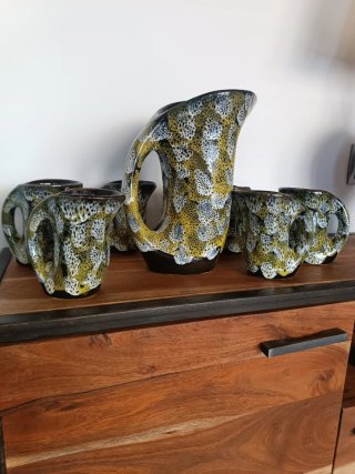 JARRA Y 6 VASOS CERAMICA VINTAGE