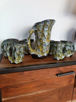 JARRA Y 6 VASOS CERAMICA VINTAGE