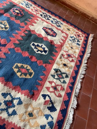 Tappeto Kilim Antico Lana Beige Blu 150x105