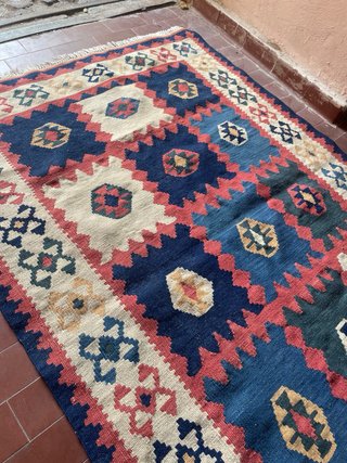 Tappeto Kilim Antico Lana Beige Blu 150x105