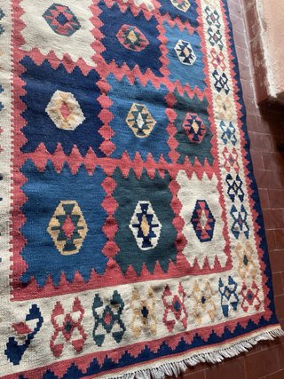 Tappeto Kilim Antico Lana Beige Blu 150x105