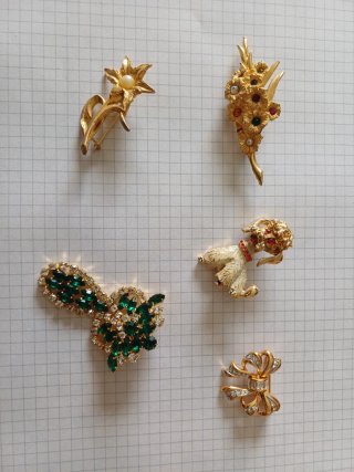 Lotto 5 Spille Vintage Dorate Fiori Strass cagnol.