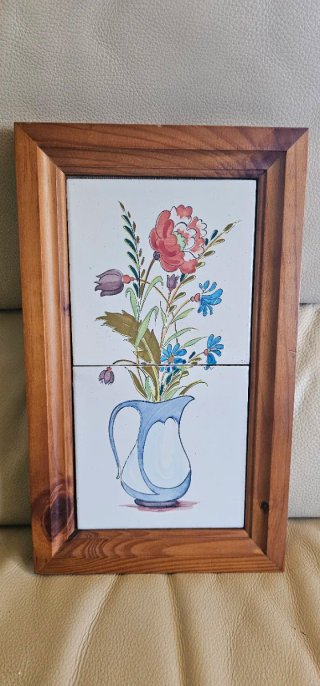 Cuadro Cerámica Flores Jarrón Madera