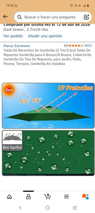 NUEVA, SIN USAR Toldo de repuesto para sombrilla v