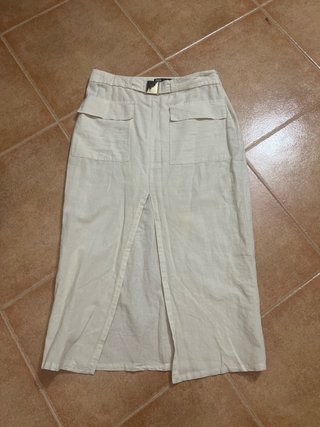 Falda larga de lino beige