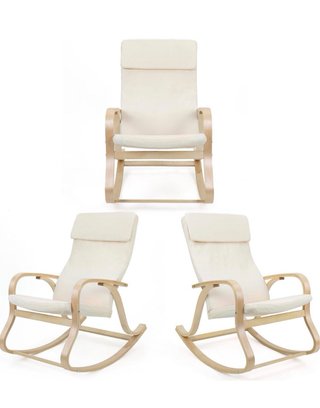 Mecedora beige de tela y madera