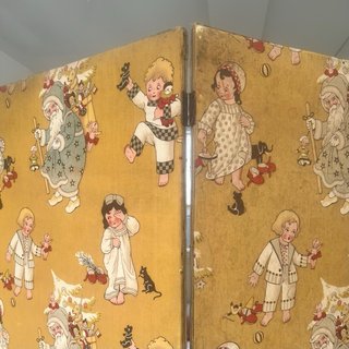 Biombo antiguo increíble de tela pintado a mano