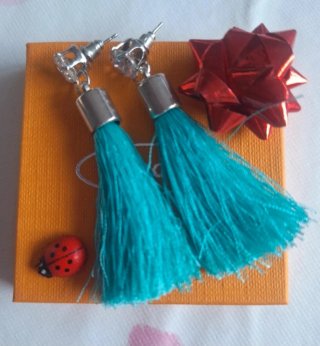 Pendientes largos flecos turquesa y plata