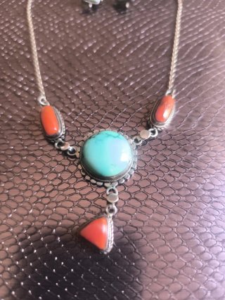 Conjunto collar y pendientes plata turquesa y cora