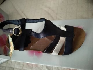 Sandalias tacón piel mujer azul marino y platino