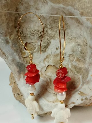 Pendientes Coral Mediterráneo y Perlas Tortugas