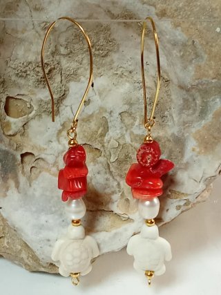 Pendientes Coral Mediterráneo y Perlas Tortugas