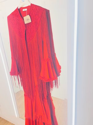 Vestido Flamenca Rojo con Capa Flecos Talla 2 /36-