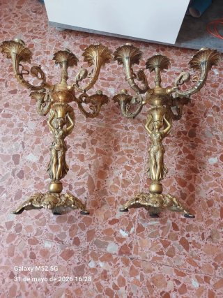 Pareja Candelabros Bronce Dorado Antiguos