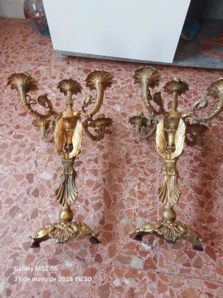 Pareja Candelabros Bronce Dorado Antiguos