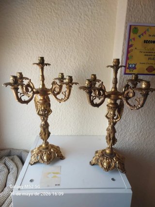 Pareja Candelabros Bronce Dorado Antiguos