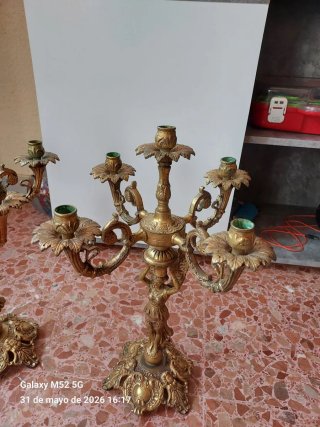 Pareja Candelabros Bronce Dorado Antiguos