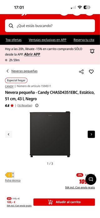 Nevera pequeña Candy 43l negra a estrenar
