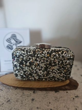 Bolso de fiesta pedrería plata y negro