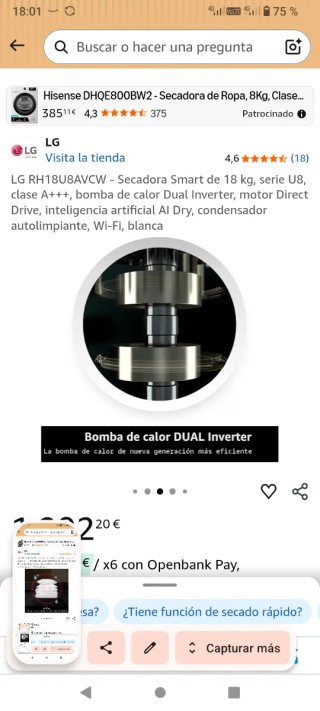 Secadora LG 18 kg bomba de calor A+++ Condensacion
