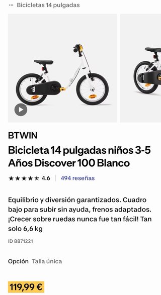 Bicicleta infantil Btwin blanca 14”