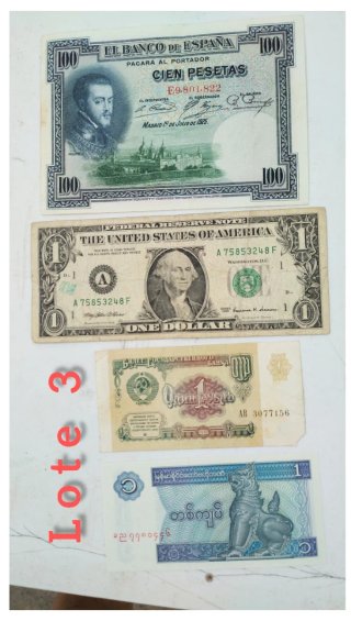 Lote 3 Billetes Colección: España, USA, Rusia, Mya