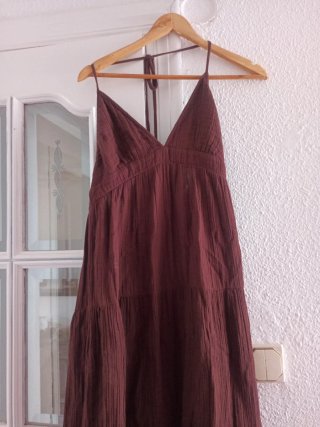 Vestido Mango Algodón Escote Pico Marrón