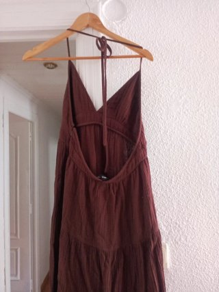 Vestido Mango Algodón Escote Pico Marrón