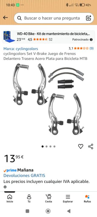 2 juegos de frenos Bicicleta V-Brake Plata