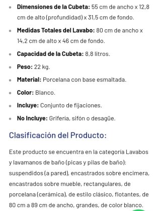 Lavabo Suspendido Roca 800mm