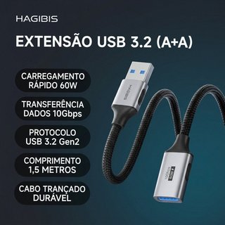 Extensão USB 3.2 Hagibis Cabo 10Gbps 60W 1.5m