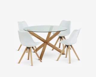 Mesa cristal y roble natural + 4 sillas