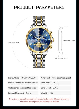 Reloj Poedagar Hombre Azul y Dorado