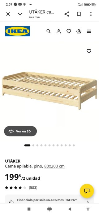 Cama nido apilable Ikea de pino de 80x200