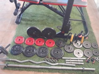Rack,Banco de pesas, barras y discos