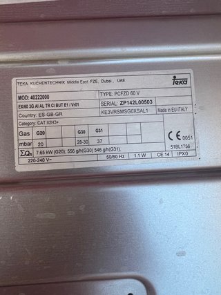 Placa de gas Teka 60x51 cm. 3 Fuegos.