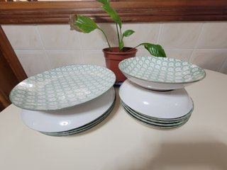 Juego de 6 Platos Cerámica Verde y Blanco