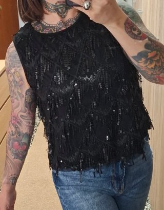 Top negro lentejuelas flecos NUEVO Shein Talla L