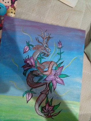 Pintura Dragón con Flores Hecha a Mano