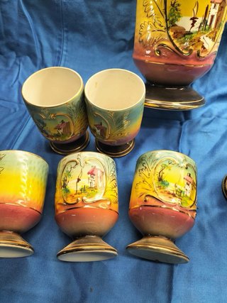 Conjunto Faiança Jarro e 6 Copos Marcados